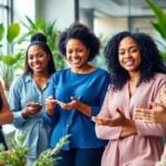 Diverse women collaborating in a bright office environment.