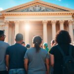 Group of diverse individuals in front of a courthouse.