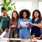 Diverse women collaborating in a bright workspace.