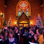 St Georges Church with festive decorations and joyful carolers.