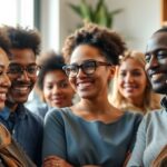 Group of diverse individuals in a hopeful discussion.