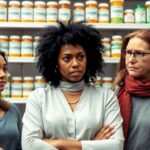 Diverse individuals discussing high medication costs in pharmacy.