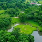 Lush green landscape with trees and water bodies.