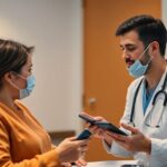 A healthcare professional using telehealth in a clinic.