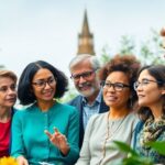 Diverse parliamentarians discussing climate action outdoors.
