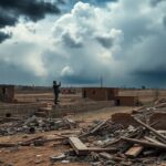 Conflict and disaster depicted in a stark landscape.