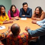 Diverse individuals in dialogue around a circular table.