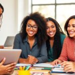 Diverse women entrepreneurs collaborating in a modern workspace.