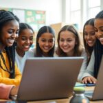 Girls coding together in a bright classroom setting.