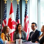 Diverse group discussing Canada-U.S. relations with flags.