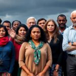 Group of human rights defenders united in a dramatic setting.