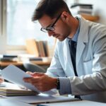 Researcher working on a grant proposal in an office.
