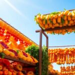 Sun-dried fruits and vegetables on wooden racks outdoors.