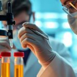 Lab technician working on HIV research in bright laboratory.