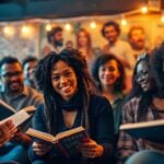 Diverse storytellers sharing their narratives in an intimate setting.