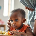 Caregiver supervising a malnourished child during mealtime.