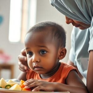 Caregiver supervising a malnourished child during mealtime.