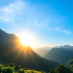 Inspiring sunrise over mountains with lush greenery.
