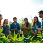 Diverse group brainstorming in a green outdoor setting.