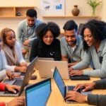 Group learning digital skills in a community training session.