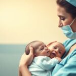 Nurse holding an infant in a gentle embrace.