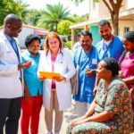Healthcare professionals and community members in outdoor collaboration.