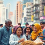 Diverse individuals collaborating in a lively urban environment.