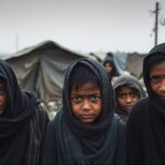Displaced individuals in a makeshift shelter, highlighting electricity need.
