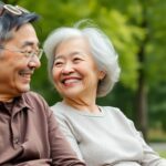 Elderly Asian couple enjoying time together in a park.