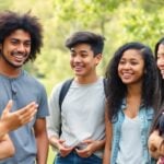 Diverse youth in discussion about mental health outdoors.