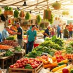 Busy farmer's market with fresh local produce and goods.