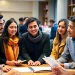 Diverse scholars discussing ideas in an academic setting.