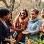 Diverse individuals engaged in collaborative discussion outdoors.