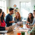 Diverse interns collaborating in a bright workspace.