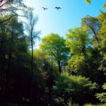 Lush forest with sunlight filtering through vibrant greenery.