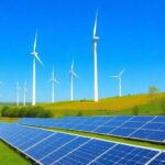Workers and renewable energy sources in a green landscape.