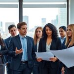 Diverse professionals discussing in a modern office environment.