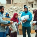 Humanitarian aid workers assist families in a disaster zone.