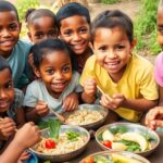 Children enjoying healthy food in a vibrant outdoor setting.