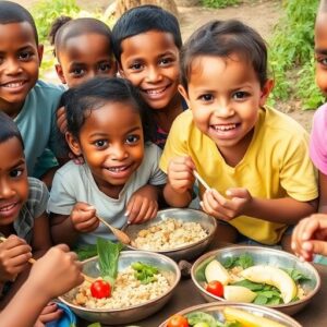 Children enjoying healthy food in a vibrant outdoor setting.