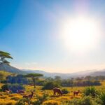 Lush landscape with diverse wildlife and bright sunlight.