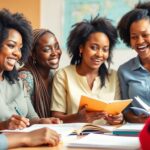 Group of young African women collaborating enthusiastically.