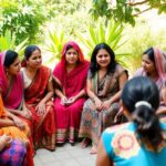 Women discussing gender-based violence research in a sunny setting.