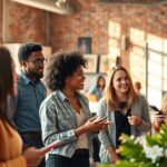 Diverse people brainstorming in a bright, inspiring workspace.
