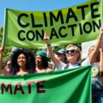 Activists rallying for climate action in a green setting.