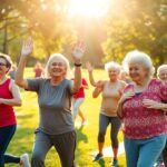 Seniors exercising together in a sunny park setting.
