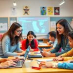 Teachers using technology in a vibrant classroom environment.