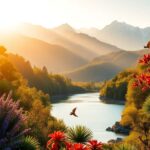Vibrant nature scene with flora and wildlife at sunset.