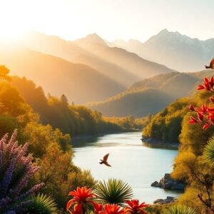 Vibrant nature scene with flora and wildlife at sunset.