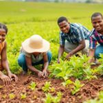 Smallholder farmers cultivating crops in a green field.